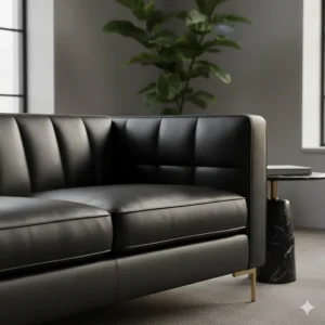 Close-up shot of a luxurious black leather sofa, the centerpiece of the modern living room design.
