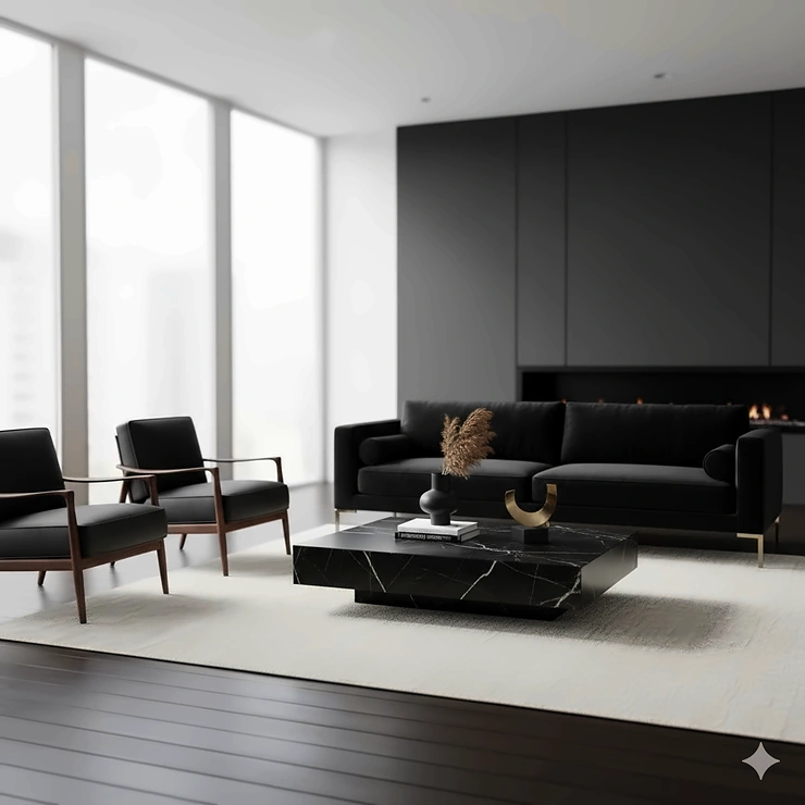 A stunning, modern black living room furniture set featuring a sofa, armchairs, and a sleek coffee table, illuminated by natural light.
