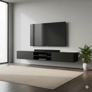 Wall-mounted black media console holding a large flat-screen TV, offering ample storage for electronics.