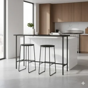 A sleek, tall black metal bar table designed with minimalist lines, ideal for modern apartment living or kitchen countertops.