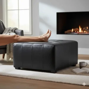 Square, tufted black ottoman being used as a footrest and occasional seating in front of a fireplace.
