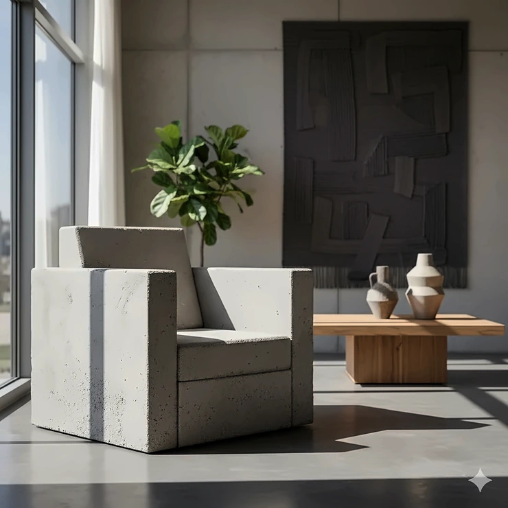 Brutalist furniture design: a striking concrete chair showcasing raw, unrefined textures.