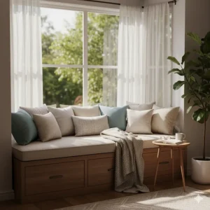 Cozy built-in window seat bench with plush cushions and throw pillows, providing a comfy reading nook in the living room.