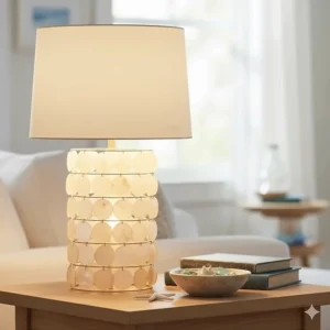 A capiz shell table lamp on an end table, providing soft illumination and stylish coastal living room lighting.