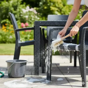 Person cleaning plastic patio furniture with soap and a soft brush for easy maintenance.