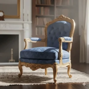 Ornate French antique armchair with a gold leaf finish and blue silk upholstery, perfect for a luxurious living room.