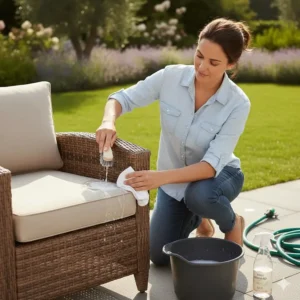 Image showing how to easily clean and maintain resin wicker lawn furniture using a mild soap and water solution.