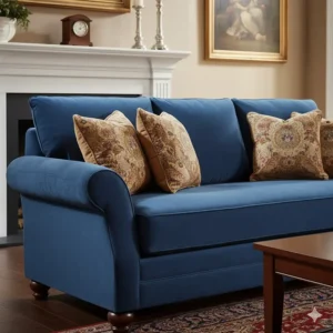 Detailed view of the decorative accent pillows and solid construction of the armchair from the three piece furniture sets.