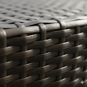 Detailed shot of the hand-woven, weather-resistant resin wicker material used for the patio furniture.