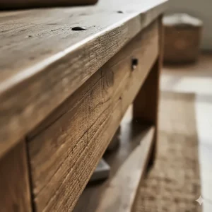 Close-up of the beautiful wood grain and texture typical of quality rustic living room furniture.