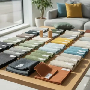 Swatch display of fabric and color options available for the three piece living room furniture sets.