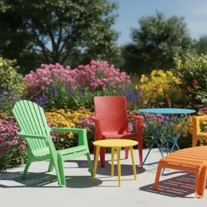 Assortment of colorful plastic patio furniture including green, red, and yellow chairs.