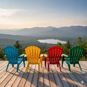 Row of bright, colorful resin Adirondack chairs overlooking a scenic view, known for their low maintenance.