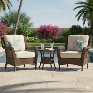 Two comfortable resin wicker club chairs with thick, plush cushions for ultimate outdoor lounging.