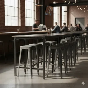 Heavy-duty commercial metal bar furniture built for high-traffic environments like restaurants, including stacking metal bar stools.