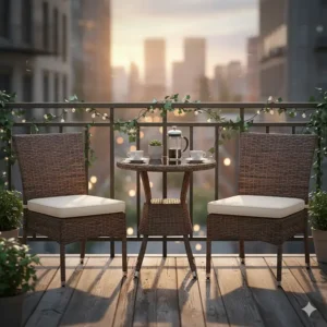 Charming compact resin wicker bistro set with two chairs and a small table, suitable for a balcony or small space.