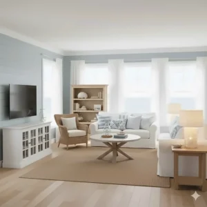 Wide view of a complete coastal living room furniture set, including sofa, chairs, and tables, arranged in an open-plan space.