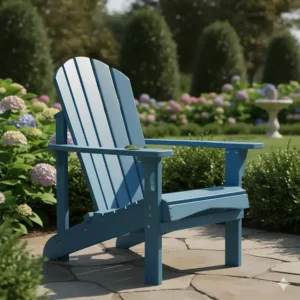 Classic blue composite Adirondack chair, a durable and weather-resistant option for the garden.