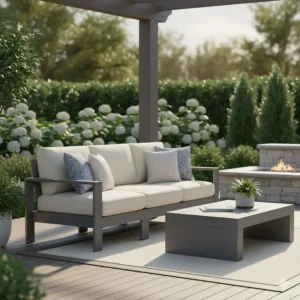 Comfortable gray composite deep-seating patio sofa with thick cushions for relaxing outdoors.