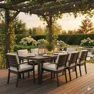 Outdoor composite patio dining furniture perfect for entertaining guests with its low-maintenance surface.