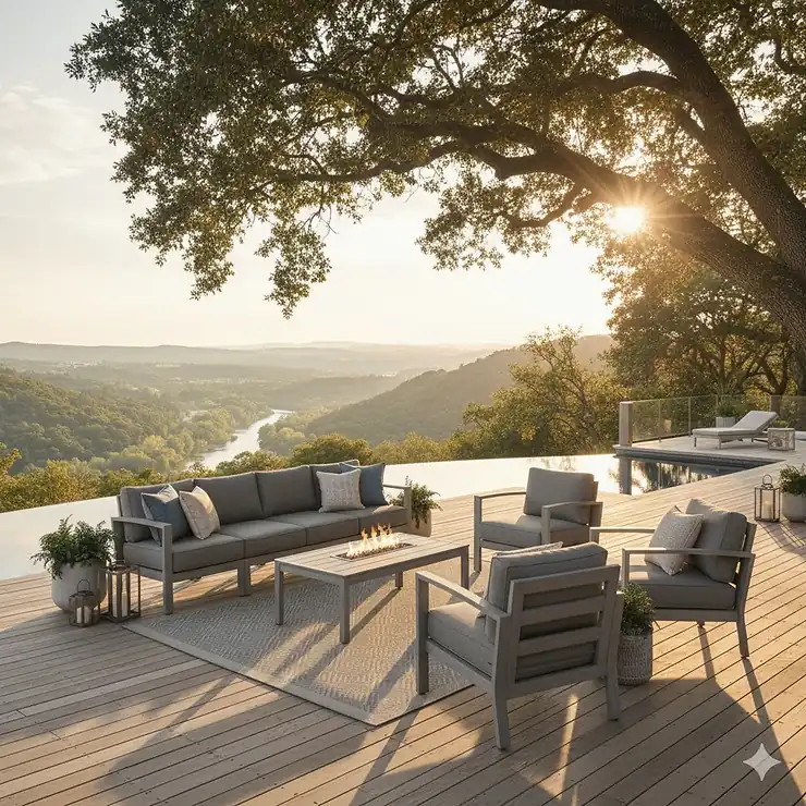 Stylish gray composite patio furniture set arranged on a deck, showing its durability and modern design.