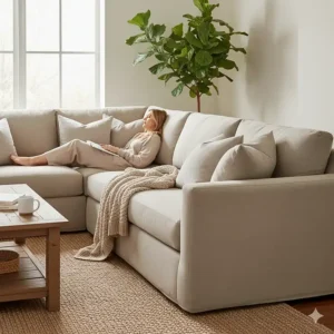 Detailed view of the corner piece construction of a robust, long-lasting sectional sofa.