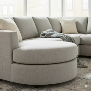 Close-up view of the rounded, deep cuddler corner on a plush fabric sectional sofa.