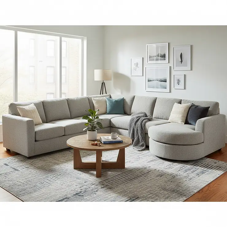 A cozy, large cuddler sectional sofa in a light gray fabric anchors a modern living room design.