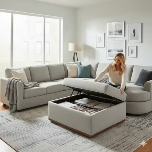 Integrated storage ottoman perfectly complementing the large size of the functional cuddler sectional sofa.