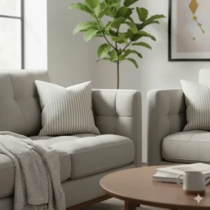 Close-up of the plush cushions on the sofa and loveseat components of the three piece living room furniture sets.