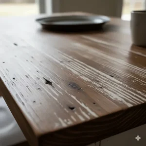 Texture detail of a beautifully distressed wood finish on classic farmhouse table furniture.