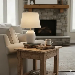 Simple distressed wood farmhouse side table placed next to a chair, holding a reading lamp.