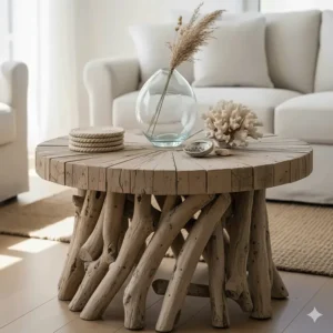 Close-up of a rustic driftwood coffee table, a key piece of coastal living room furniture, styled with a sea glass vase and nautical rope coasters.