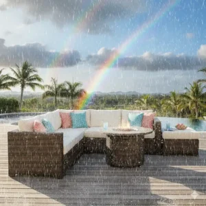 Durable resin wicker patio furniture designed to be waterproof and fade-resistant in all weather conditions.