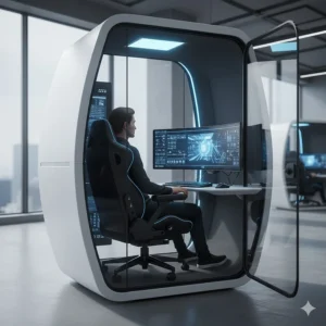 Individual ergonomic office pod with sound dampening and advanced controls for remote work.