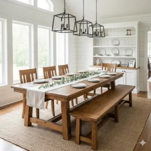 An extending farmhouse dining table set with bench seating, ideal for entertaining large groups.