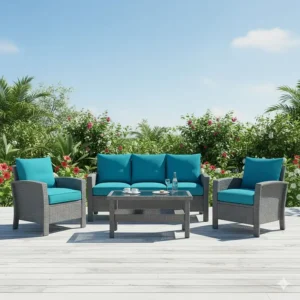 Resin patio furniture set sitting under intense sun, highlighting its UV and fade-resistant qualities for outdoor use.
