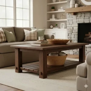 A sturdy, dark-stained farmhouse coffee table in a comfortable, rustic living room setting.