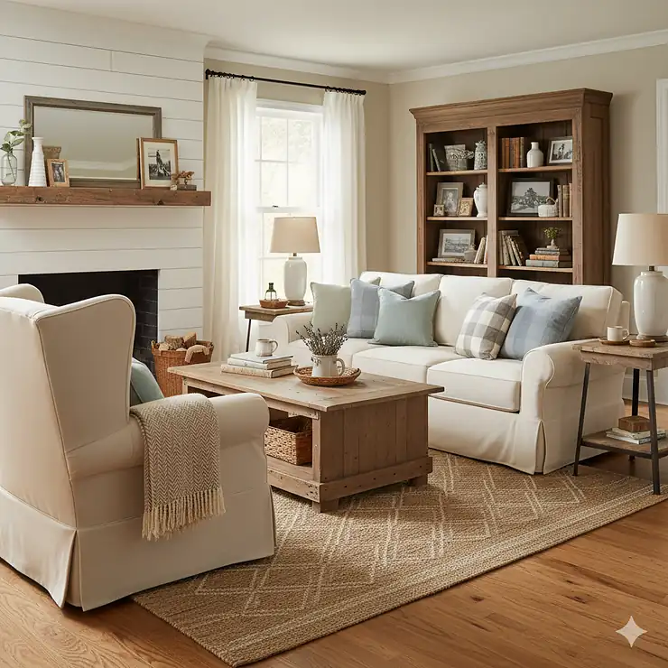 Farmhouse living room furniture featuring a white slipcovered sofa, rustic wood coffee table, and cozy layered throw pillows.