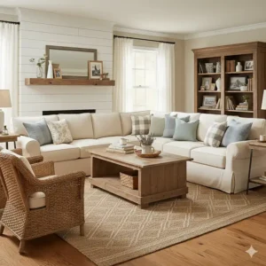 Large sectional sofa providing ample seating, a popular option for modern farmhouse living room furniture.