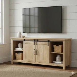 Farmhouse-style TV stand and media cabinet made from light, weathered wood for a modern rustic aesthetic.
