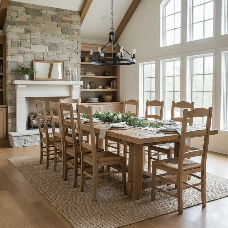 A rustic reclaimed wood farmhouse table with matching chairs, perfect for family dining.