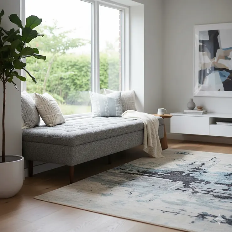 Modern bench furniture for living room with tufted grey fabric upholstery, placed against a window as extra seating.