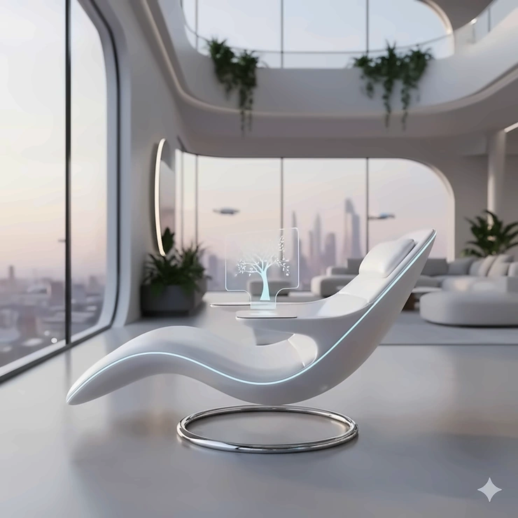 Futuristic lounge chair with integrated lighting and minimalist design, ideal for modern smart homes. futuristic furniture