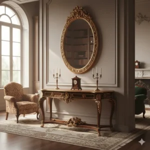 Ornate, gilded antique console table with a matching mirror hanging above it, situated in the entrance to the living room.