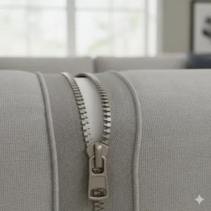 Detail image of a heavy-duty zipper on the washable sofa cover for secure closure.