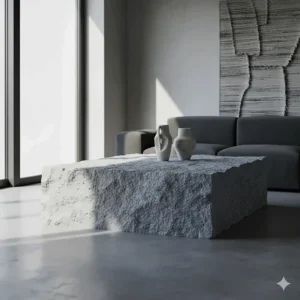 A thick, heavy stone coffee table with a rough, textured surface, essential to a brutalist living room.