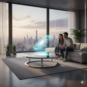 Sleek holographic coffee table projecting a 3D image in a contemporary living space.