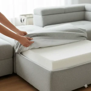 Easy-to-remove cover being taken off a cushion, demonstrating the washability of the sectional.