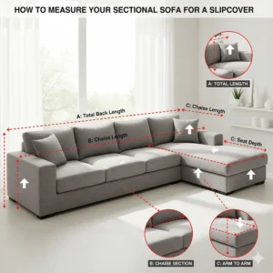Diagram showing how to measure your large sectional sofa accurately before purchasing a slip cover.